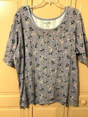 Woman Within Blue Flowered Pointelle Elbow Sleeve Top. Size 1X 22/24